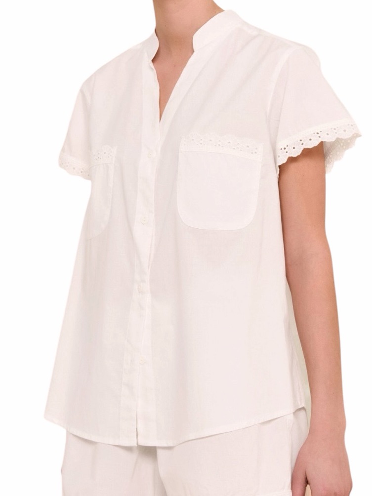 Piyama "Maggie" Off White With Daisy Eyelet Trim Short Sleeve Long Pant Pajamas